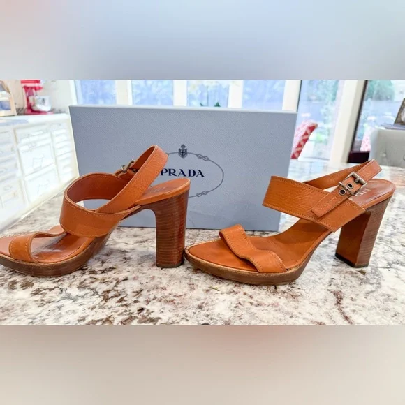 USED Prada Brown Leather Sling Backs in Cognac Size 40 - Picture 4 of 13